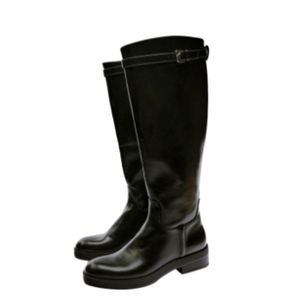 NWT Zara Womens US 7.5 Black Riding Boots with Silver Belt Buckle Calf Detail